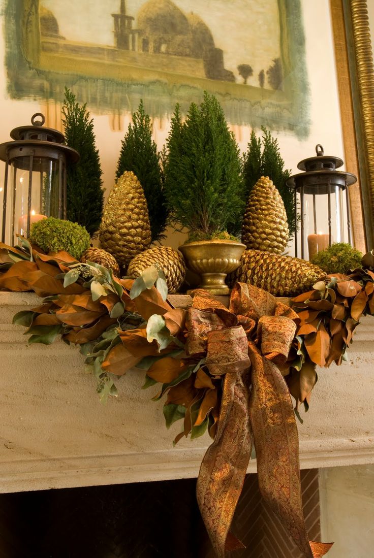 mantel decoration with pinecones