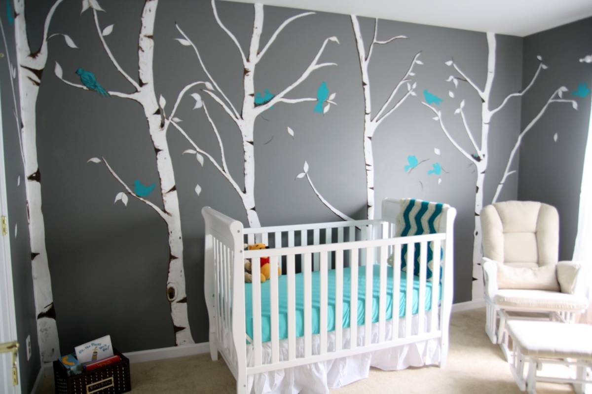 modern-decorating-room-baby-boy-nursery-ideas-white-bed-furniture-pooh-accessories-forest-wall-art-blue-birds-dark-gray-colored