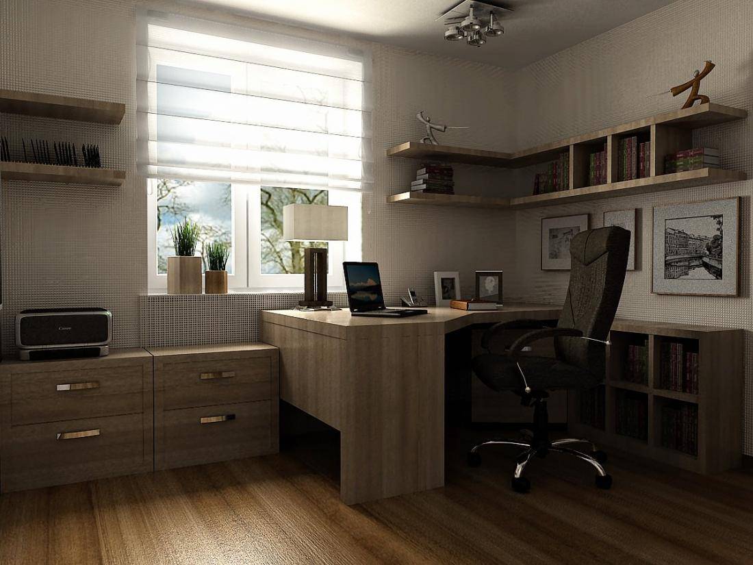 Interesting home office design idea with wooden table plus black swivel chairs in front of window with white shedes also creative wooden floating shelf design idea