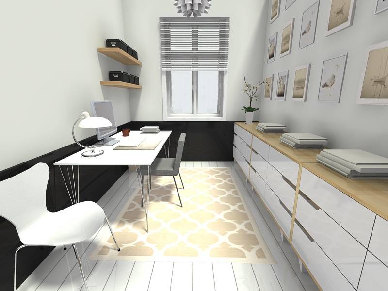 Home office design with modern scandinavian black and white storage