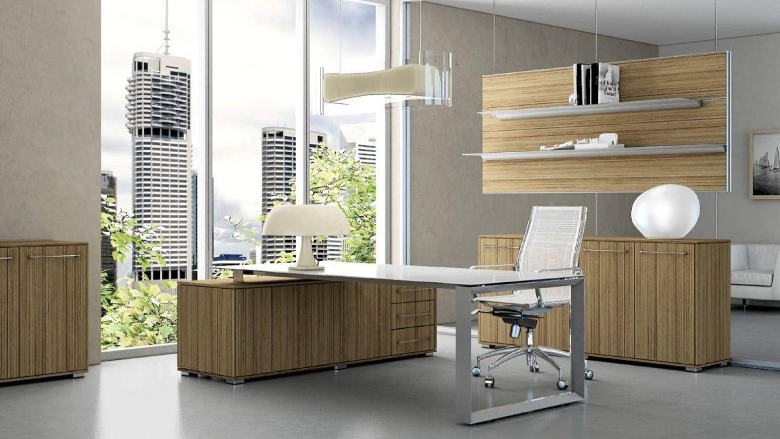 Fantastic small modern home office design ideas with light wood file cabinets and glass top with steel base office table also swivel chair in home office design inspiration