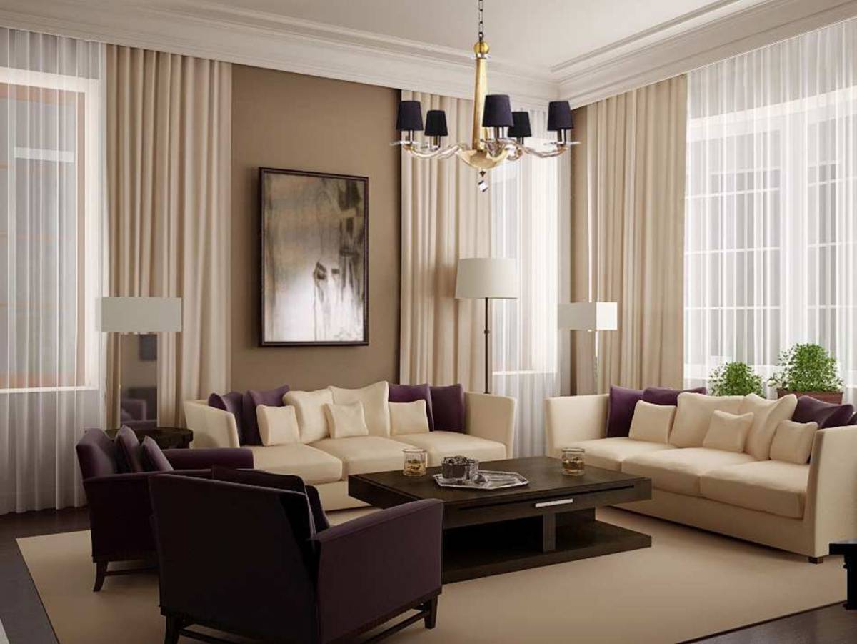 Living room elegant living room decoration with cream drapery and white sheer curtains of glass windows complete with cozy cream and brown sofa also rectangular table