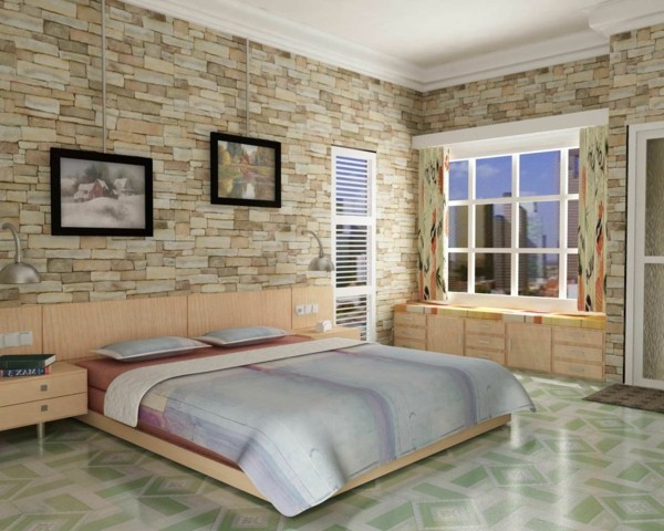 stone wall in the bedroom bright colors