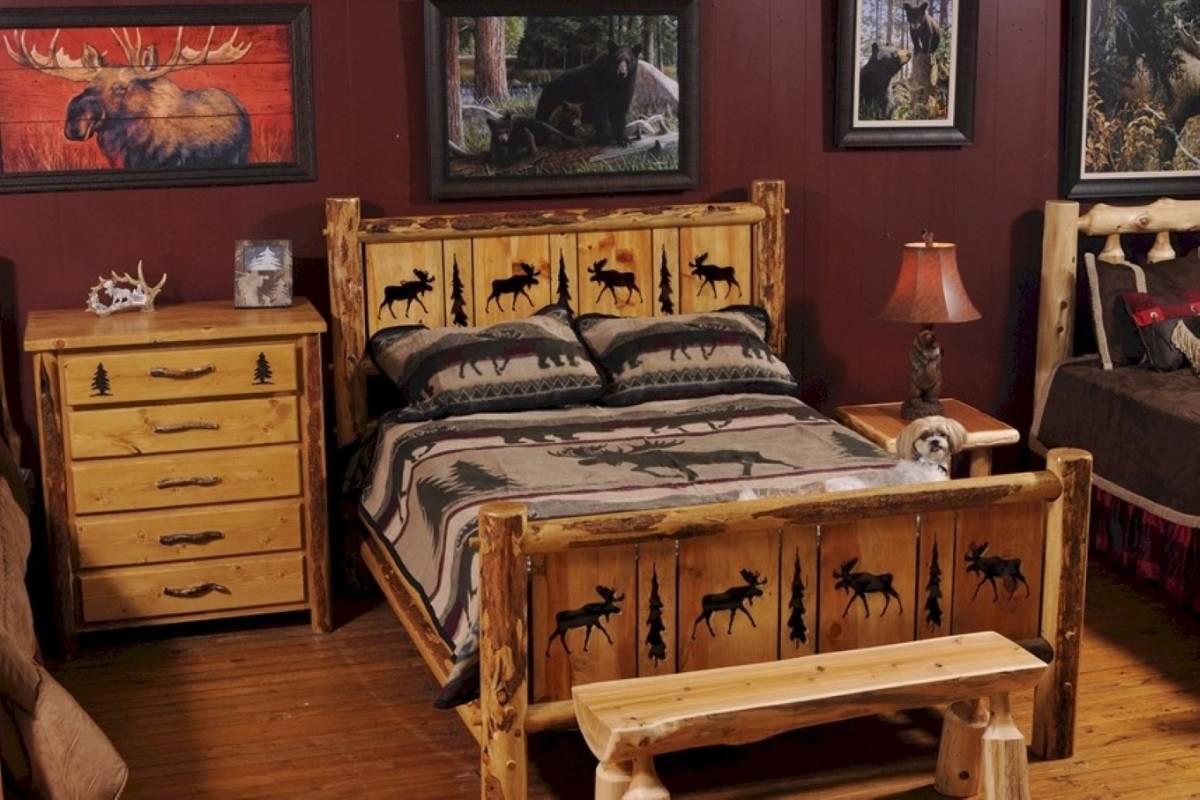 Masculine wall decorating idea with framed animals feat rustic log bedroom furniture plus panel bed design