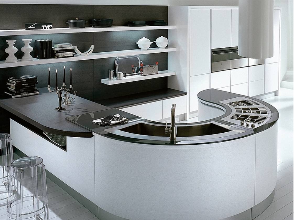 Incredible black and white curved modern kitchen island
