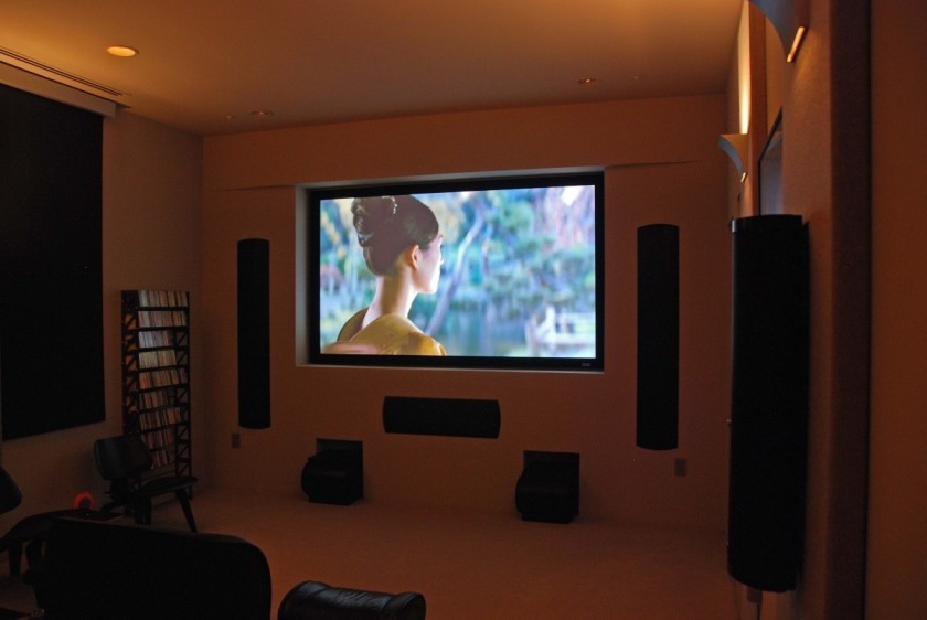 Interior, Amusing Design Ideas Of Home Cinemas Exciting Design Ideas Of Home Cinema With Brown Wall Paint Color Also Flat Screen Also Front Speakers And Subwoofer Also Black Leather Chairs Also Clear Down Lights With Theater Chairs Plus Theatre Chairs