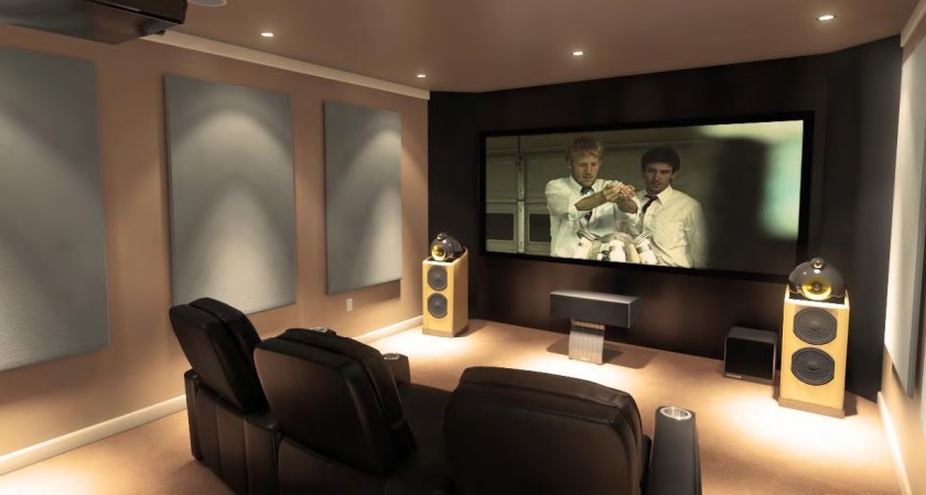 Interior, Amusing Design Ideas Of Home Cinemas Marvellous Design Ideas Of Home Cinema With Large Flat Screen Also Dark Brown And Cream Wall Paint Colors Also Front Speakers And Subwoofer Also Cream Floor Tiles And Dark Brown Leather Chairs Also Clear Down Lights With Interior Home Design And Home Interior Design