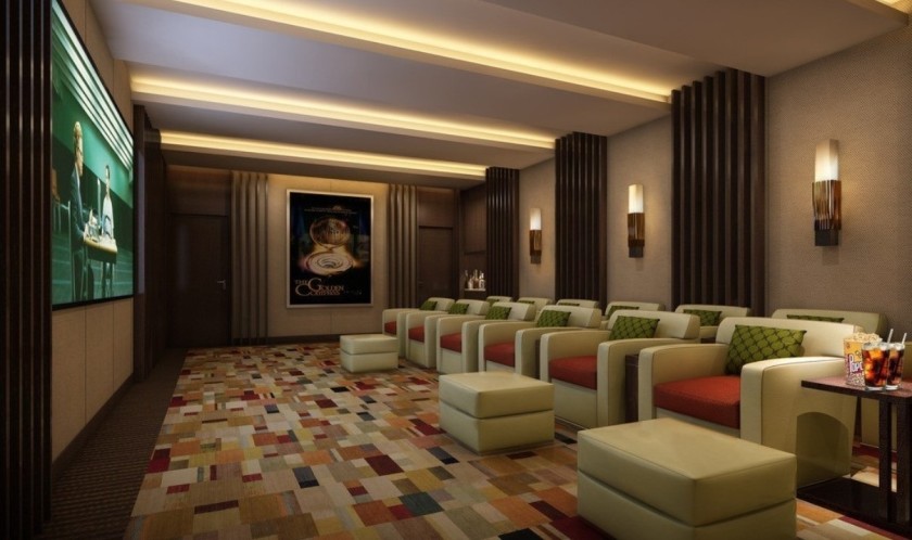 Interior, Amusing Design Ideas Of Home Cinemas Entrancing Design Ideas Of Home Cinema With Cream Color Comfy Leather Chairs Also Red Seats And Green Cushions And Plaid Pattern Plush Carpet Also Cream And Brown Wall Paint Colors And Wall Mounted Lamps Also Large Flat Screen Also Ceiling Lights With Home Theater Designs Also Media Room Design Ideas