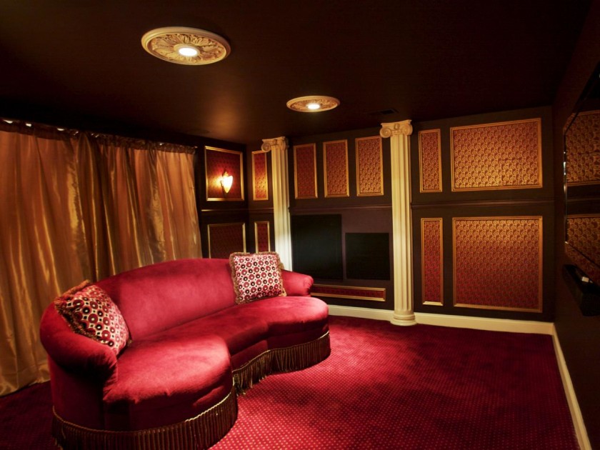 Interior, Amusing Design Ideas Of Home Cinemas Luxury Design Ideas Of Home Cinema With Red Color Comfy Couch Also Red Plush Carpet And Brown Also Cream Wall Colors And Combine With Cream Curtains Color And Clear Down Lights As Well As Home Interior Design Plus Home Interior Design Ideas