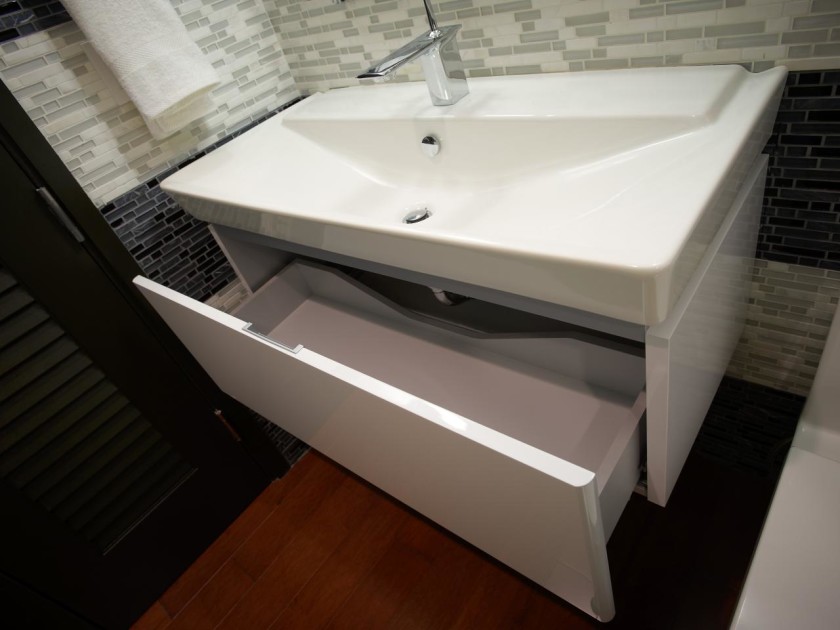 Bathroom, Awesome Modern Powder Room Designs 2010 Awesome White And Black Color Wall Wood Stainless Small Design Powder Room Floating Sing Cabinet Be Equipped Draw Wood Floor Wall Marble Mosaic At Bathroom With Bathroom Decorating Ideas Plus Media Room Design