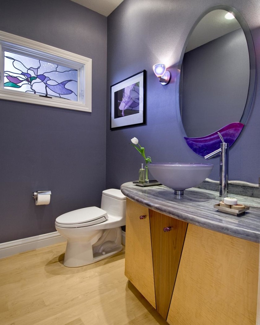 Bathroom, Awesome Modern Powder Room Designs 2010 Awesome Purple Wall Color Wood Stainless Glass Modern Design Powder Room Be Equipped Vanity Cabinet Toilet Seat Wood Floor Marble Top Faucets And Wall Picture Wall Lamp At Bathroom With Powder Room Sinks Also Media Room Design