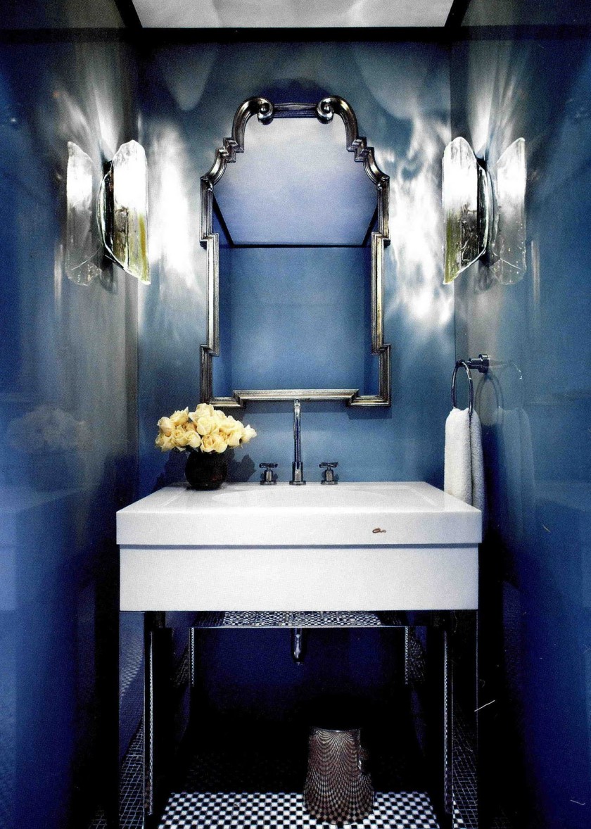 Bathroom, Awesome Modern Powder Room Designs 2010 Awesome Blue Color Wall Stainless Glass Small Design Powder Room Wallmount Mirror Sink Double Handle Wall Lamp Flower Pot At Bathroom With Bathroom Decorating Ideas Plus Powder Room Remodels