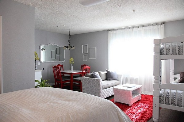 grey and red master bedroom