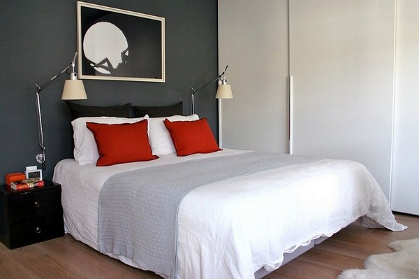 light gray and red bedroom
