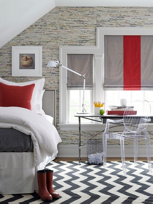 gray and red master bedroom
