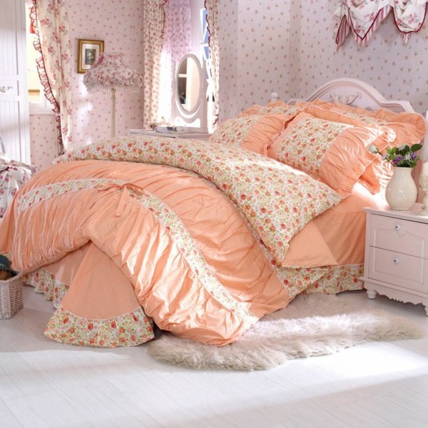 peach colored bed linen in the bedroom
