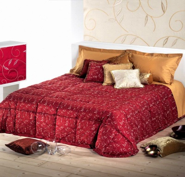 red and black bedding in the bedroom