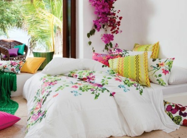 white bedding with colorful details