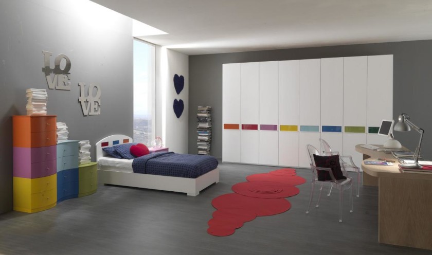 Bedroom, Cool And Funky Design Teenage Bedroom Ideas Wonderful Teenage Girl Bedroom Ideas With Gray Wall Color And White Large Cabinet Also White Bed And Gray Blanket Be Equipped Colorful Drawer Cabinet With Gray Floor And Unique Red Carpet With Decorating Bedroom Ideas And Decor Ideas For Bedroom