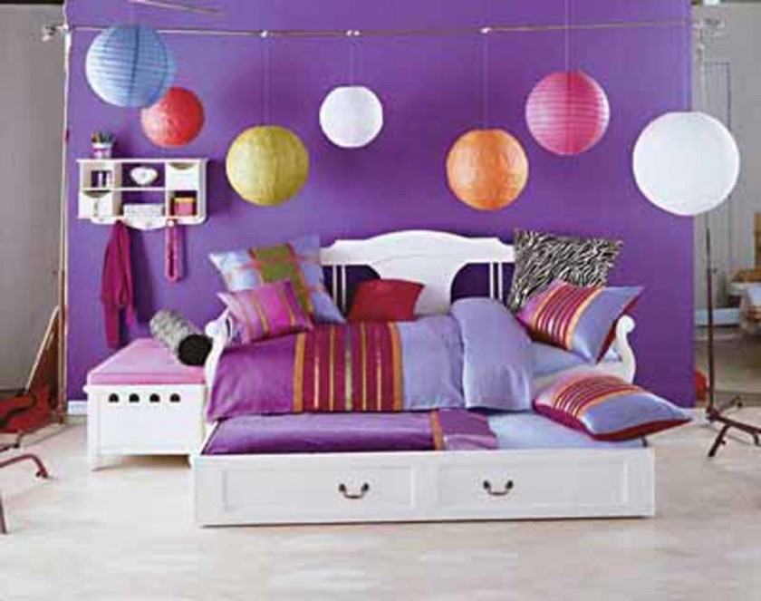 Bedroom, Cool And Funky Design Teenage Bedroom Ideas Fascinating Teenage Bedroom Ideas With White Bed Storage White Sliding Drawers Also Purple Mattress Along Some Pillow Plus Colorful Round Pendant Lamp Also Purple Wall With White Floating Shelf With Decorated Teenage Girl Bedroom And Decorate Bedroom Ideas