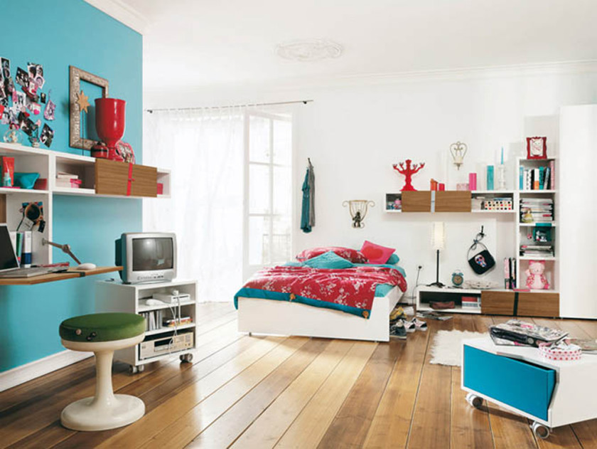 Bedroom, Cool And Funky Design Teenage Bedroom Ideas Exciting Teenage Boy Bedroom Ideas With White Bed And Red Blanket Also White Wooden Shelves On The Blue Combined White Wall Plus Laminate Wooden Floor As Well As Decorated Teenage Girl Bedroom And Childrens Bedroom Furniture