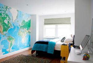Bedroom, Cool And Funky Design Teenage Bedroom Ideas Stunning Bedroom Decals For Teens Interior Design Ideas Room Teenage Teen Using World Map White Wall Along With Plain Black Bed And Blue Bed Cover With Laminate Wooden Floor And Gray Fur Rug As Well As Teen Room Decor Ideas Plus Kids Bedroom Ideas