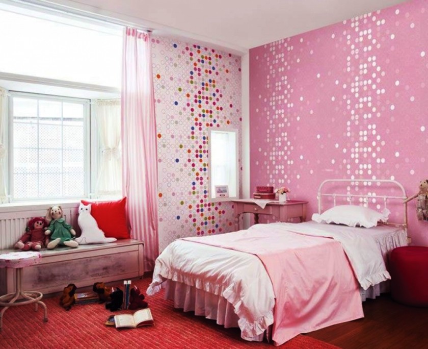 Bedroom, Cool And Funky Design Teenage Bedroom Ideas Amazing Bedroom Design Best Girls Funky Bedding Teenagers Designs With White Combined Pink Polkadots Wall Also Pink Bed And Blanket Plu Red Carpet With White Glass Window With Decorating Bedroom Ideas And Decoration Ideas For Bedrooms