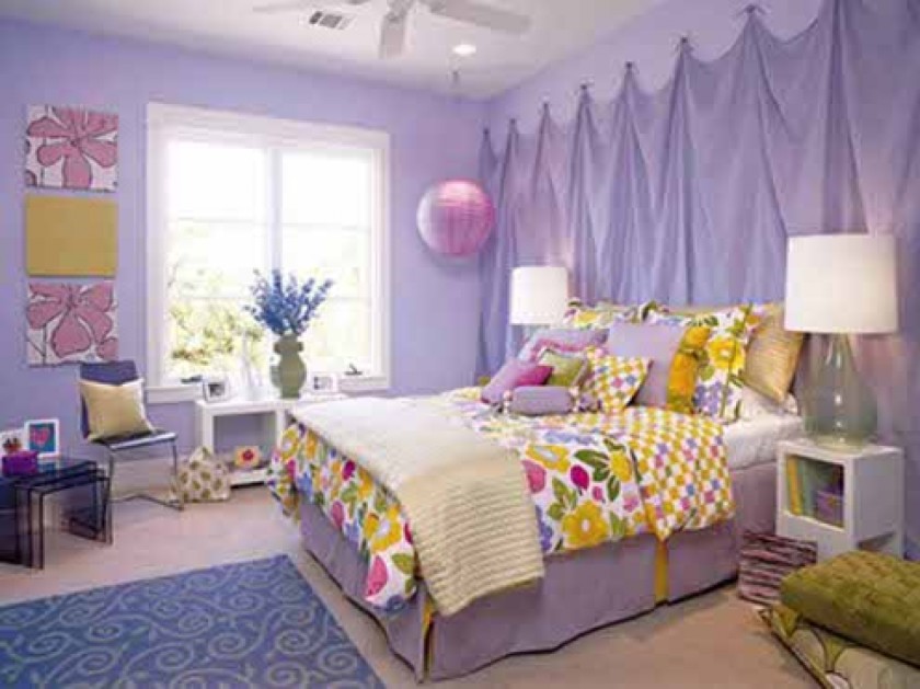 Bedroom, Cool And Funky Design Teenage Bedroom Ideas Excellent Teens Bedroom Teenage Room Ideas With Soft Purple Wall And Flower Paint On The Wall Also Soft Purple Bed And White Pattern Floral Blanket With White Table Also White Glass Table Lamp Bedside As Well As Teenage Girl Bedroom Design Plus Teenage Bedroom Ideas For Boys