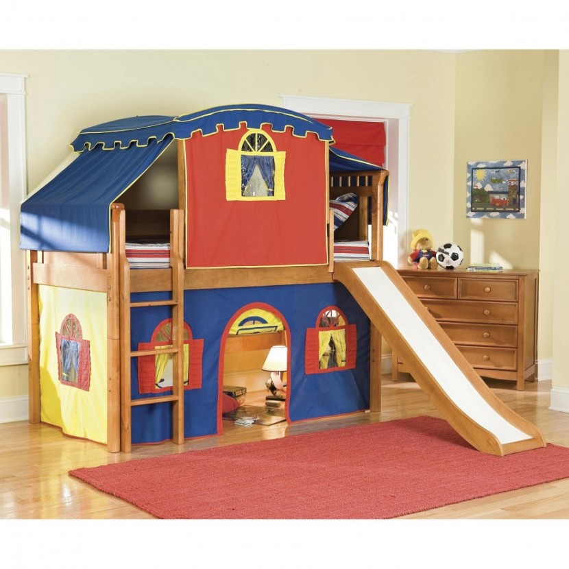 Kids Room, Cute Bed Tent Design For Boys Interesting Brown Wooden Bunk Bed Tents For Boys With Slide And Ladder Also Red Carpet On The Wooden Floor Plus A Brown Wooden Cabinet 6 Drawers Located At The Corner Of The Room Wall With Twin Bed Kids Also Kids Twin Bed
