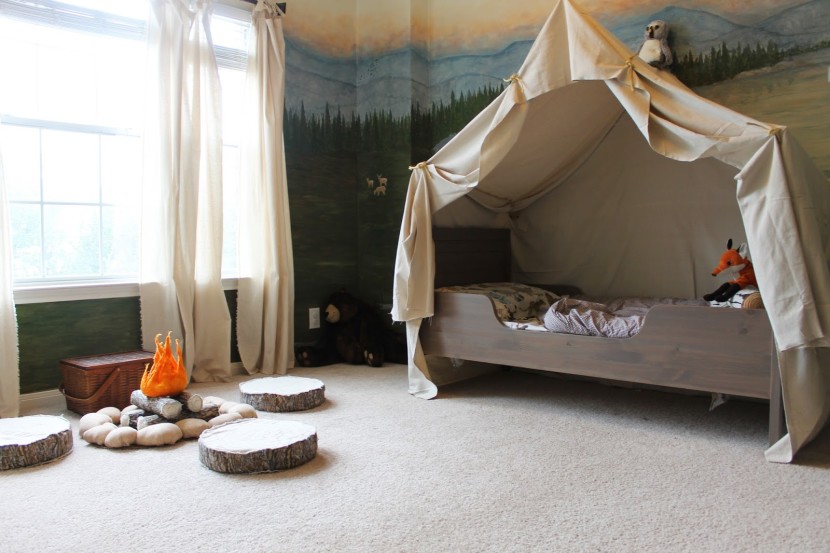 Kids Room, Cute Bed Tent Design For Boys Awesome Design Interior Bedrooms For Children With Camping Canopy Bed Tent In A Kids Woodland Bedroom And Complete With Accessories Artificial Rocks And Bonfires Interesting As Well As Twin Bed Furniture Plus Cheap Beds