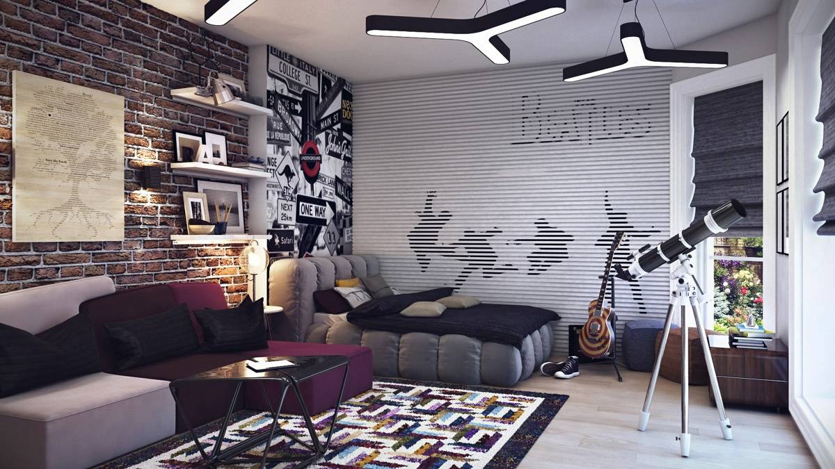 minimalist-grey-nuance-of-the-boys-room-decor-that-has-modern-lighting-can-add-the-beauty-inside-the-house-with-black-sofas-inside-make-it-seems-nice