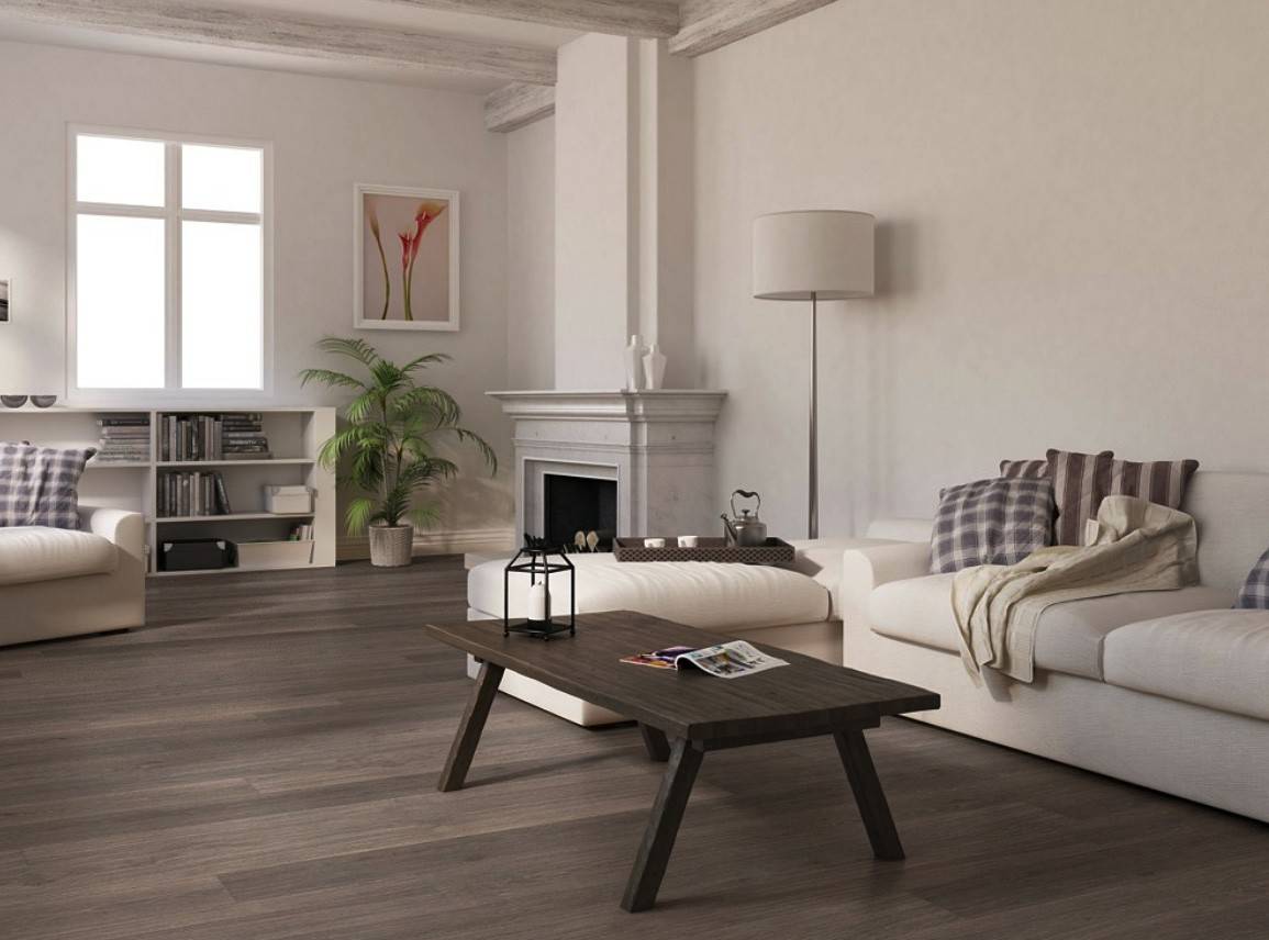 Dark grey floor as living room decorating idea