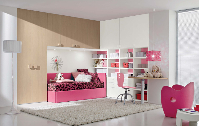Interior, Stunning Ideas Of Girls Room Interior Design Excellent Girls Room Interior Design Ideas With Pink Color Bed Frames And Scrool Pattern Black Pink Colors Covered Bedding Sheets And Pillows Also White Wall Paint Color And White Also Brown Colors Wooden Cabinets And Storage Shelves Also Drawers And Mounted Table With Pink Swivel Chair Also White Frieze Carpet And White Ceramics Floor Also Floor Lamp And Glass Windows With Home Interior Designer And Interior House Designer