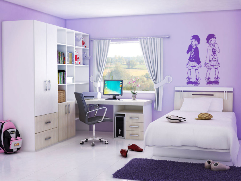 Interior, Stunning Ideas Of Girls Room Interior Design Exciting Girls Room Interior Design Ideas With White Color Bed Frames And Headboard Also White Color Covered Bedding Sheets And Pillows Also White Ceramics Floor And Rectangle Shape Purple Color Plush Carpet Also Purple Wall Paint Color And Rectangle Shape Wooden Table With Drawers Also Shelves And White Wooden Wardrobes Also Storage Cabinets And Glass Window With White Curtains Color With Teen Room Decor Ideas Also Home Interiors Design