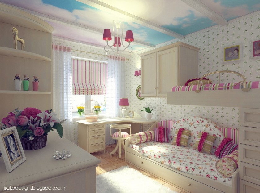 Interior, Stunning Ideas Of Girls Room Interior Design Fetching Design Ideas Of Girls Room Interior With White Color Wooden Bunk Bed And Storage Drawers Underneath Also Floral Pattern And Stripes Pattern Covered Bedding Sheets And Pillows Also White Color Plush Carpet And Wooden Floor Also Curved Shape Wooden Table With Storage Drawers Also Table Lamp And White Chair Also Achantus Pattern White Wallpaper Also Glass Window With Stripes Pattern Blinds Also White Curtains Color Also Wall Mounted Storage Cabinets Also Storage Shelves With Interior Design Girls Room Also Home Design