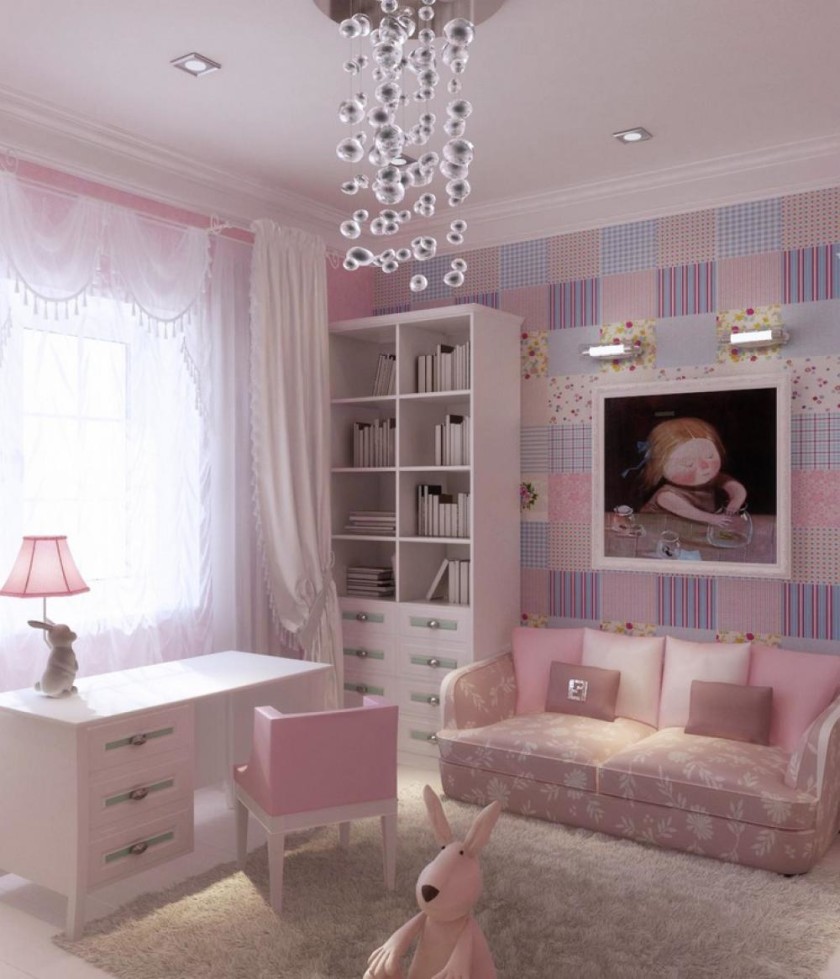Interior, Stunning Ideas Of Girls Room Interior Design Amazing Girls Room Interior Design Ideas With Soft White And Pink Color Schemes Also Combine With Floral Pattern Sofas And Cushions Also White Table With Drawers And Table Lamp Also Pink Chair And White Wooden Storage Racks And Cabinets Also Glass Windows With White Curtains Also White Ceramics Floor And White Frieze Carpet Also Luminaire Pendant Lamp And Plaid Pattern Pink Purple Colors Wallpaper As Well As Decorating Ideas Plus Teen Room Decor Ideas