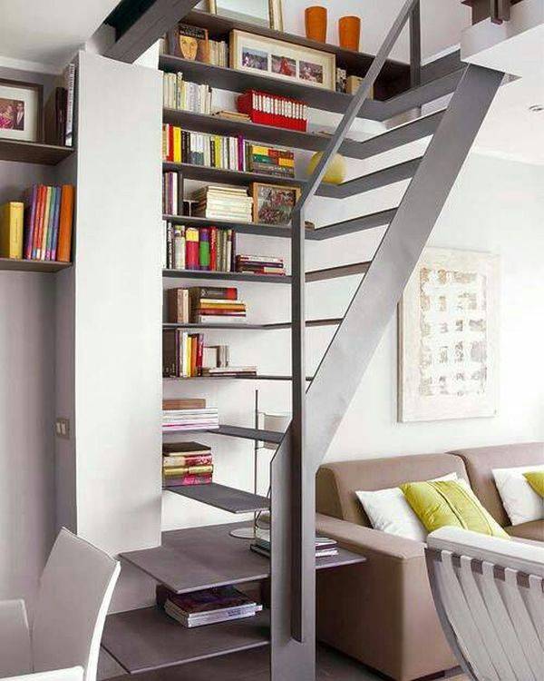 Bookshelves in the staircase as a great idea of space-saving techniques