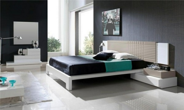 bedtime natural color dark gray black head walls beige black turquoise bed linen bed