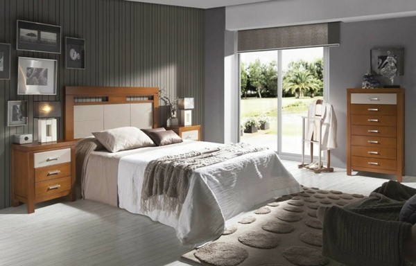bedtime natural color dark gray striped wallpaper wood furniture bed linen beige carpet beige