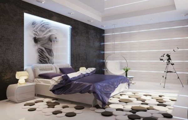 bedtime natural color dark gray wallpaper lilac bed linen LED lighting design carpets