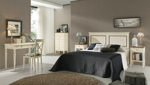 beige carpet black cover walls white furniture