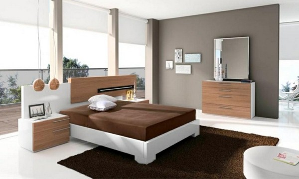 color bedroom furniture natural wood brown carpet gray walls white accents