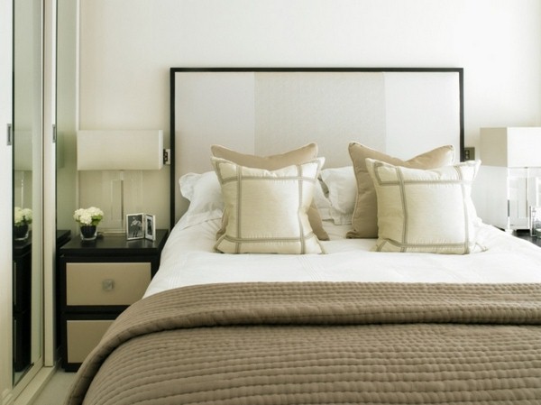 sleeping room decorating ideas color natural white wall bed linen beige decorative pillows