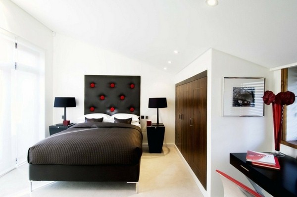 sleeping room decorating ideas color natural white wood armoire black headboard black red bedside lamps accents