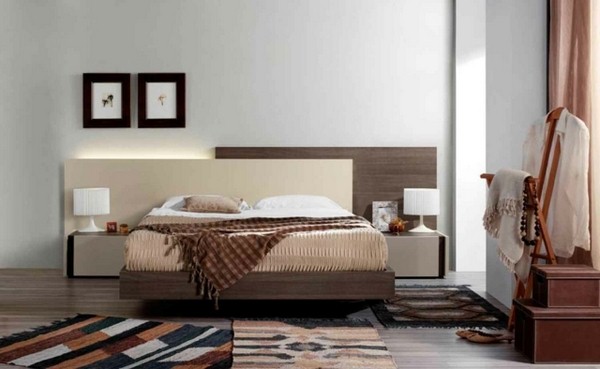white walls carpet colorful wooden bed head