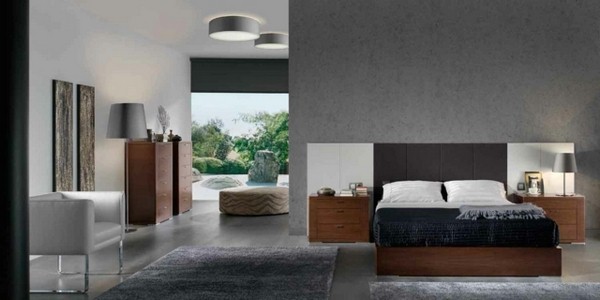 bedroom walls natural colors dark gray gray headboard white wood chair furniture