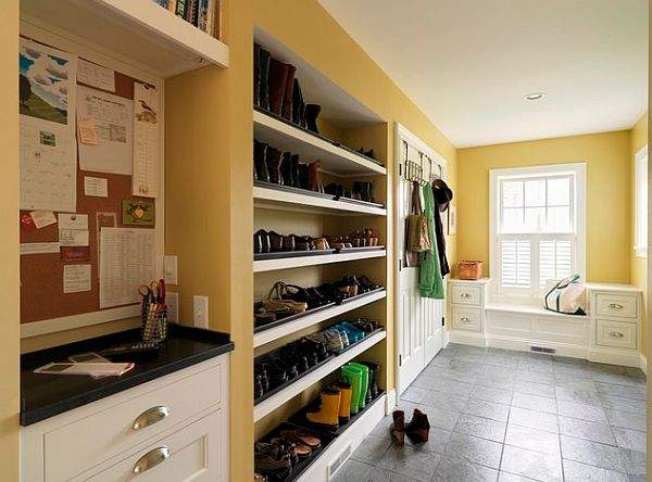 awesome mudroom design with shoe racks and clothes hagers