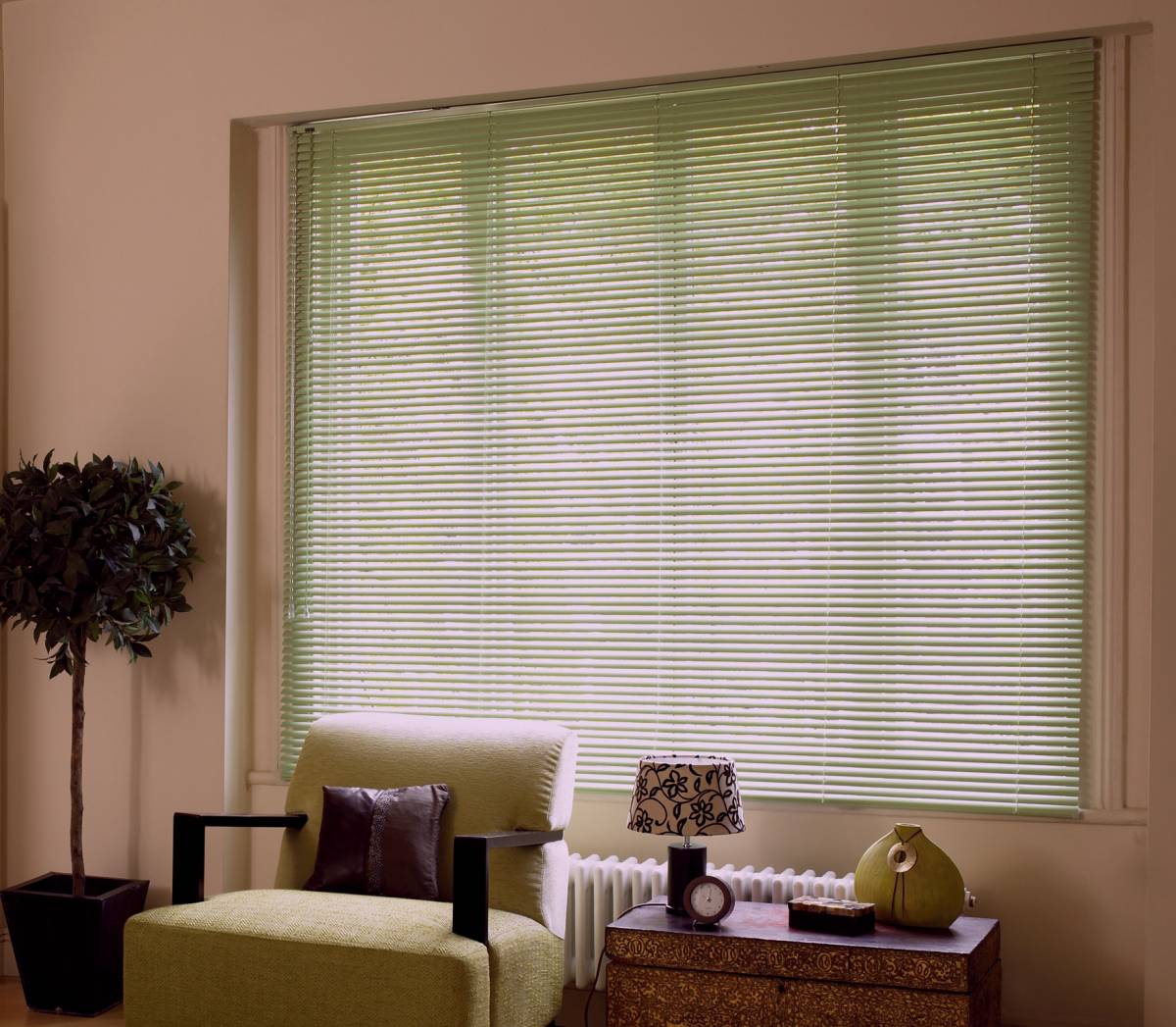 lime green wooden venetian blinds