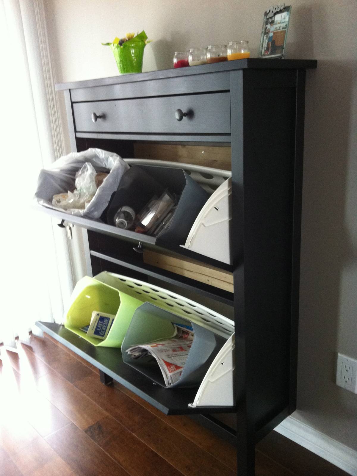 tilt out trash bin cabinet with drawer