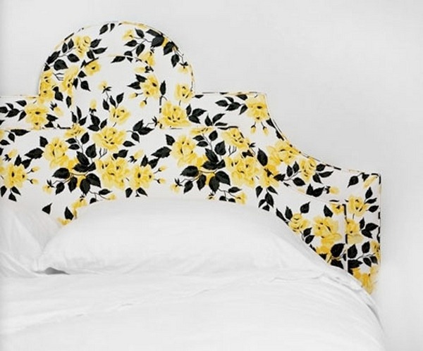 bed design with headboard yellow floral pattern white interiors